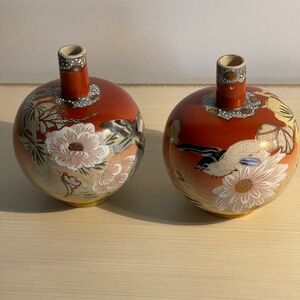 Antique Satsuma Ware Pair Of  Mini Vases- Japan